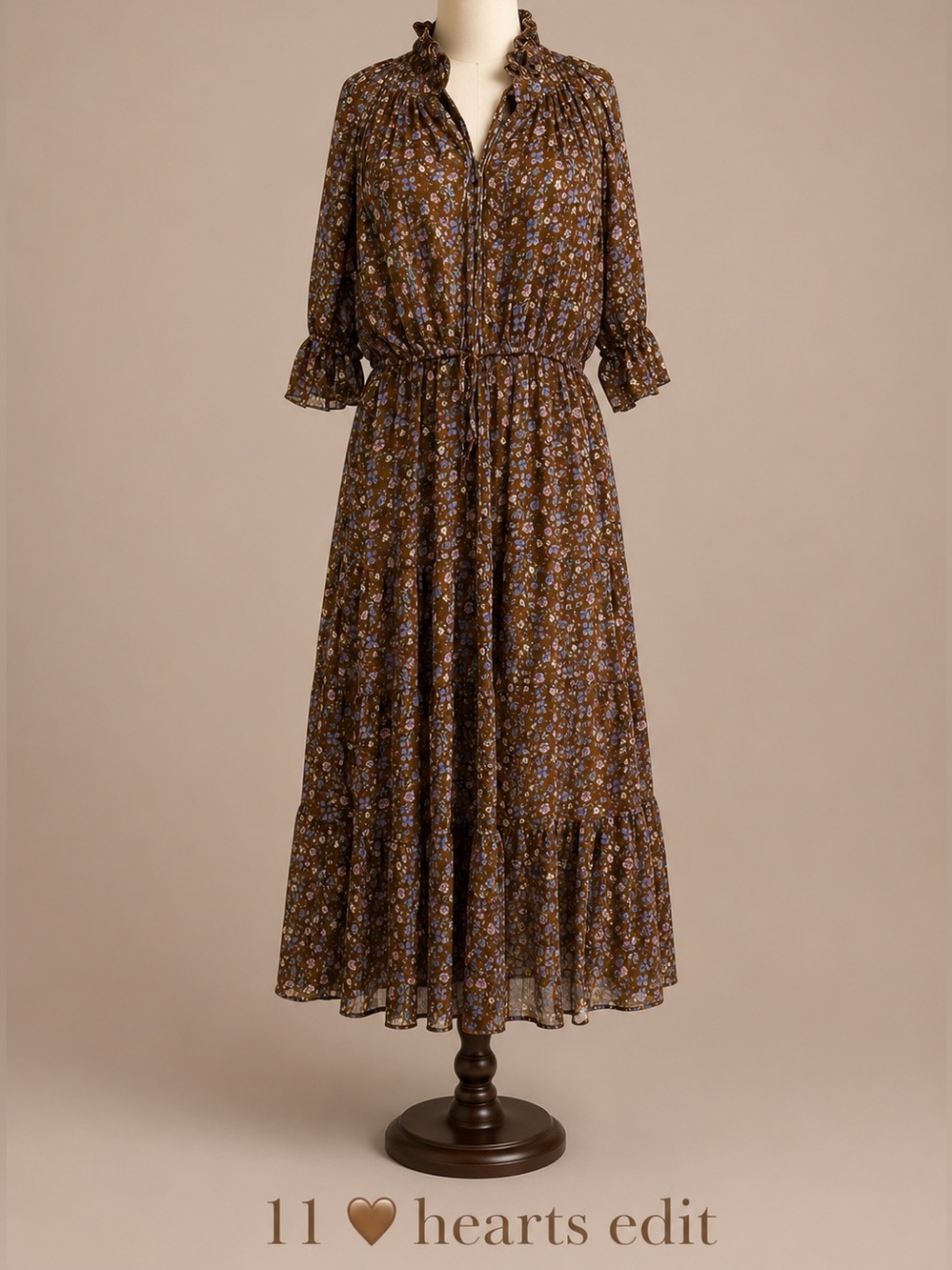 Melloday Brown Floral Ruffle Collar Tiered Maxi Dress Pockets Cottagecore Size M